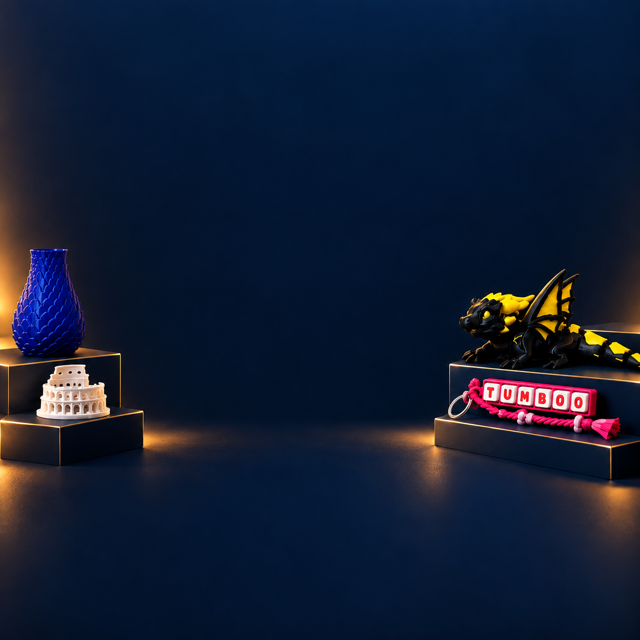 Ragam karya TUMBOO 3D: vase, articulated, clickers, keyboard TUMBOO, keychain custom, dan miniatur.