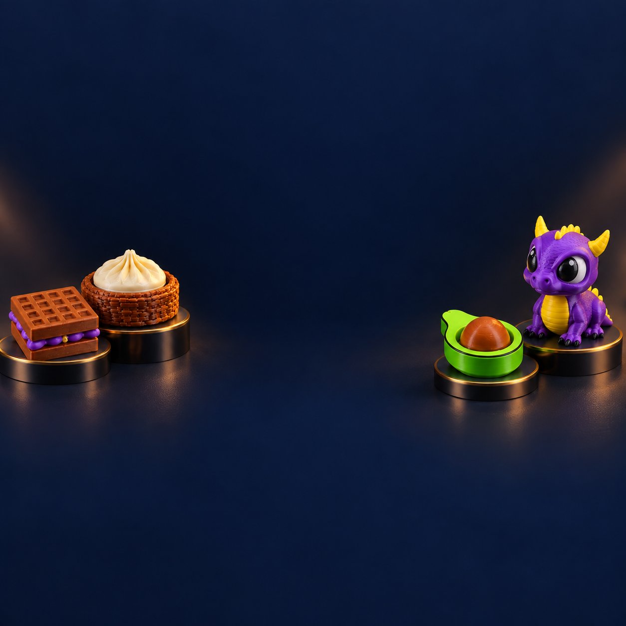 Koleksi TUMBOO 3D: clickers waffle, dimsum, telur dan alpukat, flexi Corgi, serta Baby Dragon ungu.